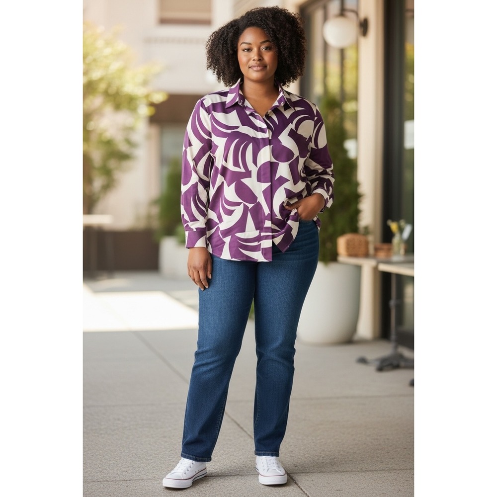 Mango Women Blouse Murcia 4X Purple Cream Abstract Satin Gold Button Modern READ